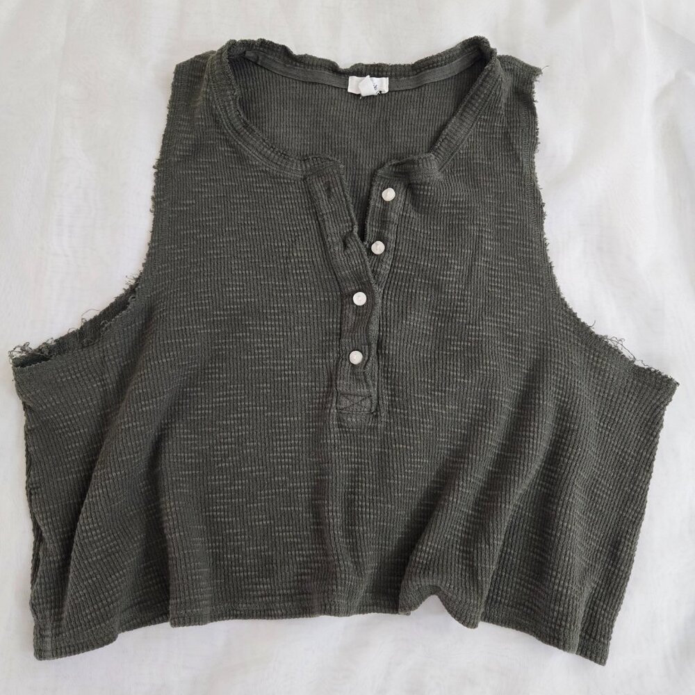 Aerie Green Sleeveless Cropped Tank Top XL Waffle Button Front Henley